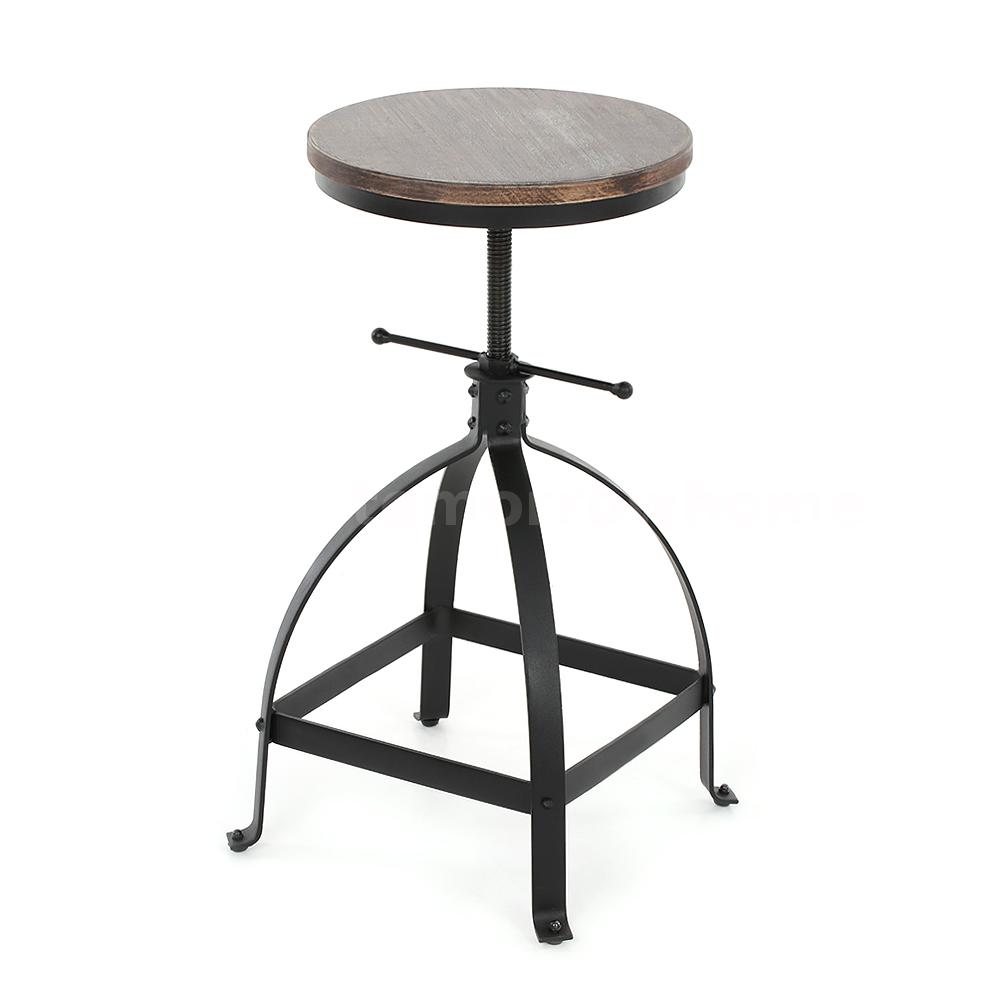 Round Bar Stool Industrial Metal Design Wood Top Chair ...